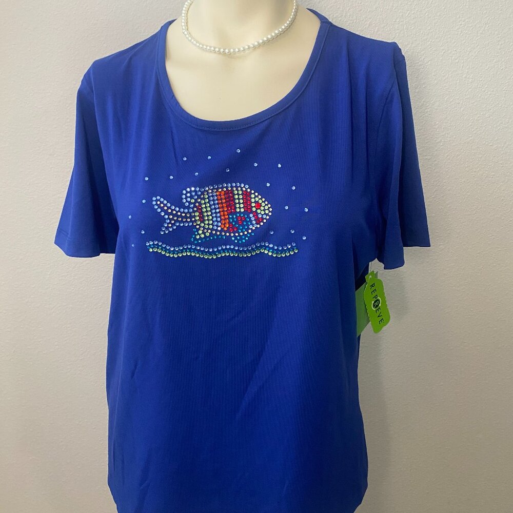 Princess Blue women T-shirt Rhinestone fish pattern v-neck short sleeves Size L